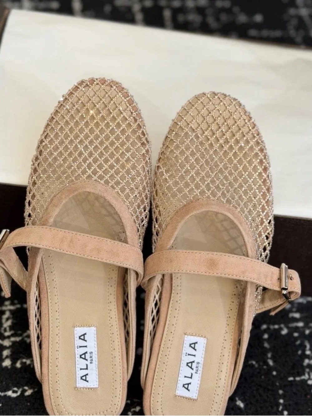 Alaïa blush nude mesh Mary Jane flats